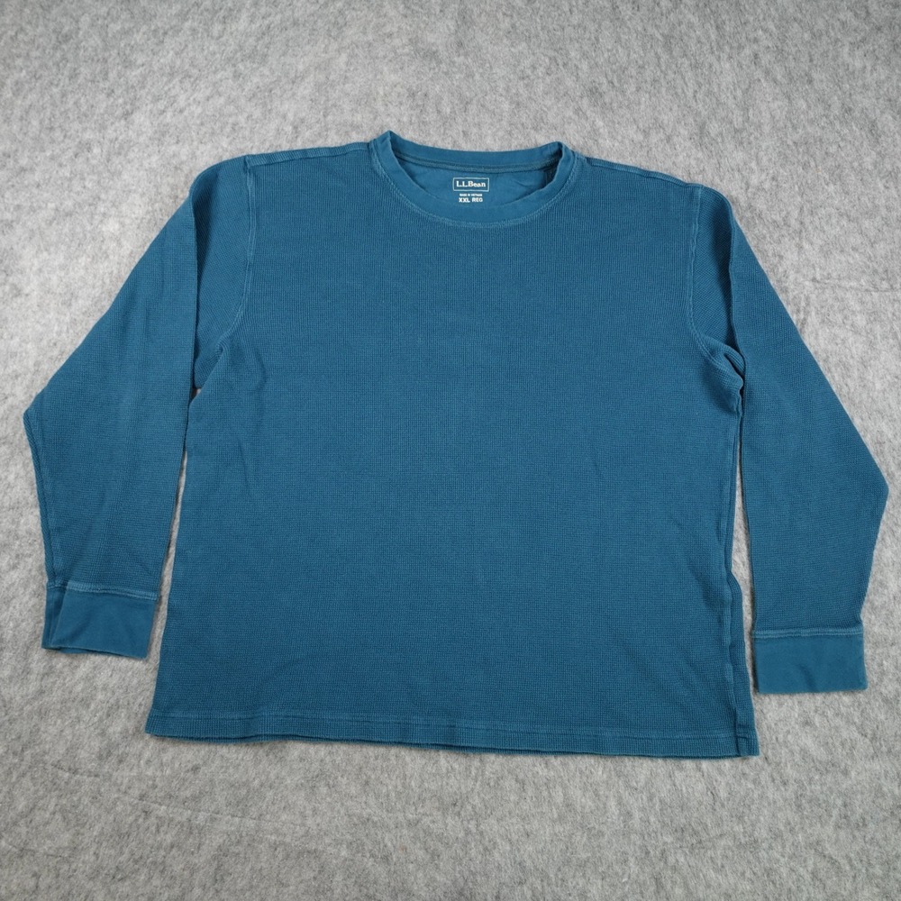 LL Bean Top Women XXL Blue Waffle Knit Cotton Crewneck Long Sleeve Crew Neck